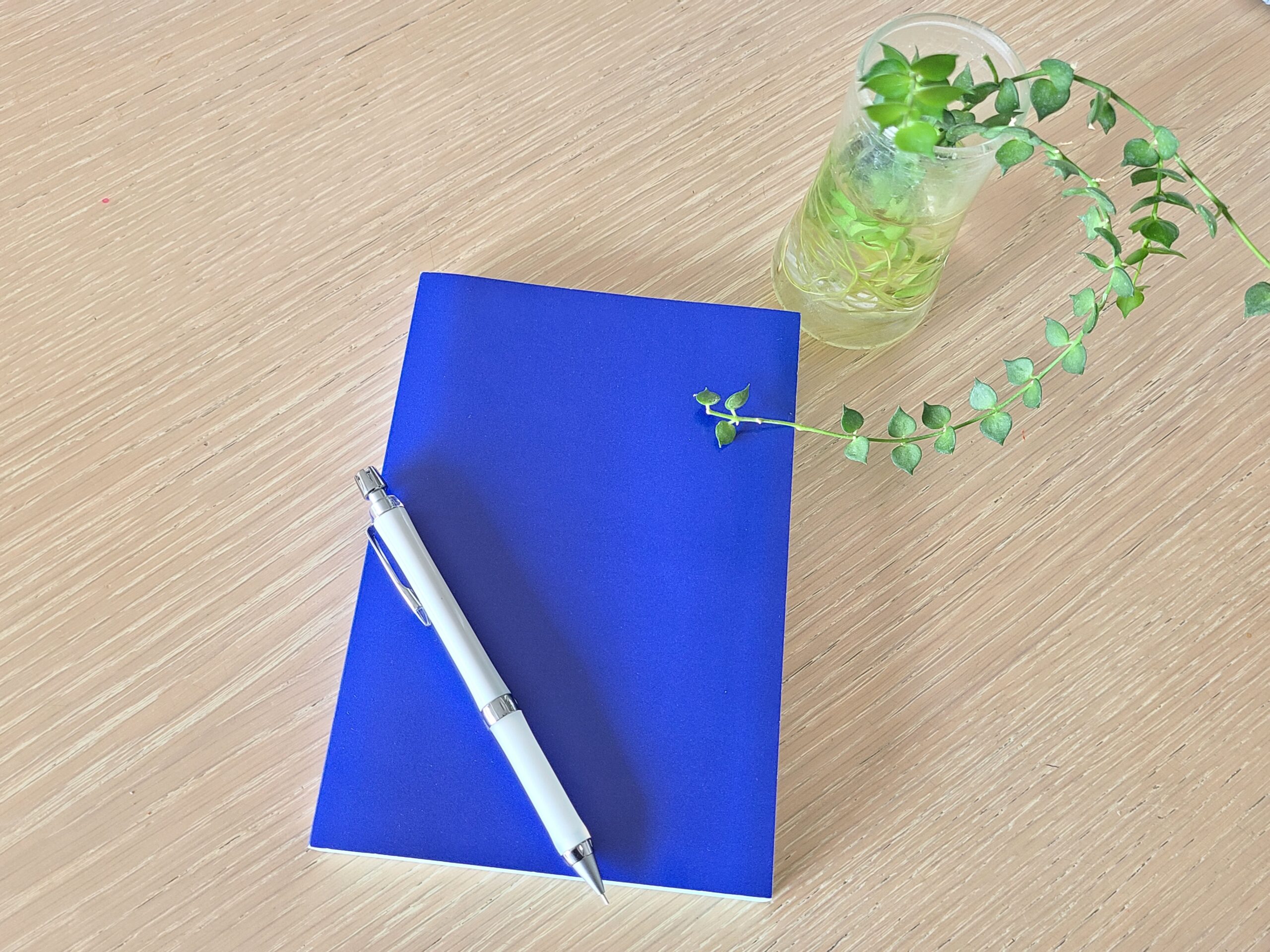 机の上にノートとペンがおいてある風景