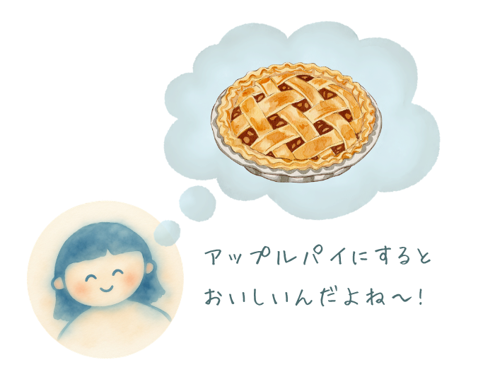 アップルパイのイラストと「アップルパイにするとおいしいんだよね～」の文字