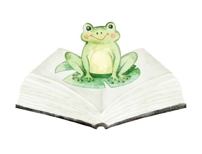 カエルが本の上にのっているイラスト