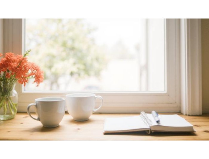 窓辺にある木の机にノート・親子で使う大きさ違いのコップが２つあり、明かるい光がさしこんでいる。珊瑚色の花が活けてある風景の写真