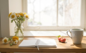 窓辺にノートが置いてある差し込む光が希望を象徴させる写真