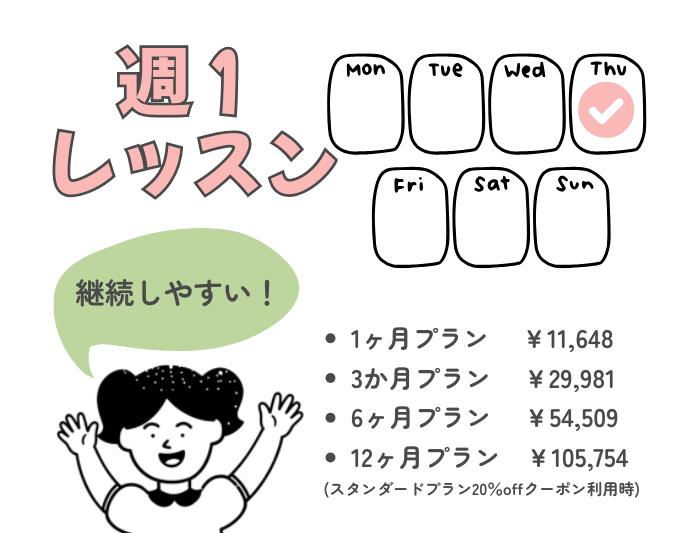 継続しやすい！週１レッスンの料金

1ヶ月プラン 　￥11,648
3か月プラン 　￥29,981
6ヶ月プラン 　￥54,509
12ヶ月プラン　￥105,754