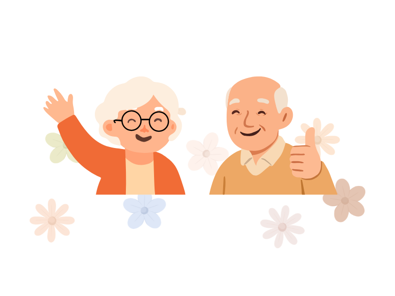 孫と一緒に前々から勉強したいと思っていた英語を、クラウティの体験レッスンで学習するのを楽しみにしている祖父母のイラスト