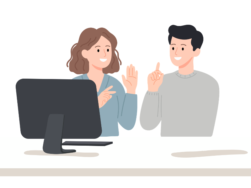 仕事でつかえる英語をみにつけるために、クラウティ無料体験を試みている親夫婦のイラスト
