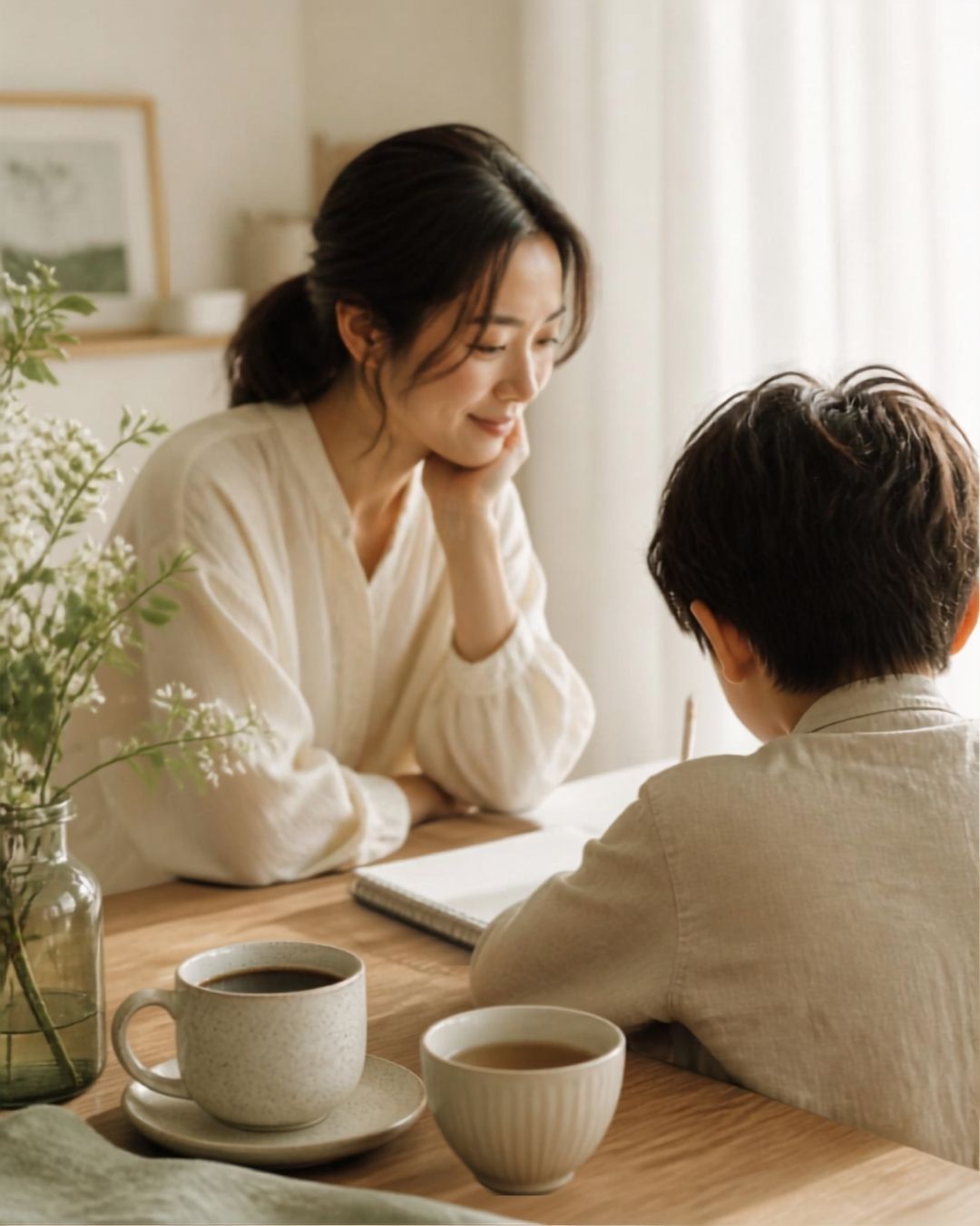 親子でリビング学習をしている風景。子供が勉強している傍で、やさしく見守る母。テーブルの上にあたたかいコーヒーと、お茶がおいてある。
