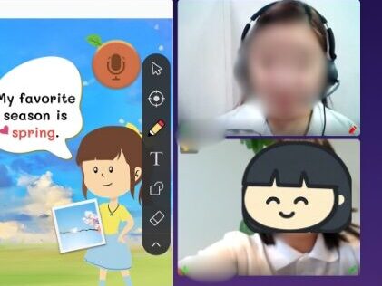キャンパストップの無料体験を実際に受けている長女(こと小5)と朗らかな先生の様子